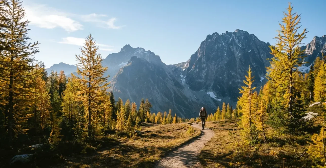 Solitary alpine trail in September with golden larches and clear mountain views