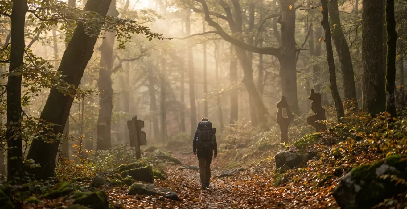 Empty hiking trail through autumn forest with morning mist and golden light