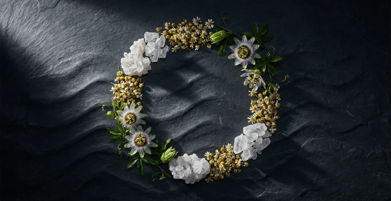 Natural arrangement of sleep-supporting supplements and herbs on dark surface