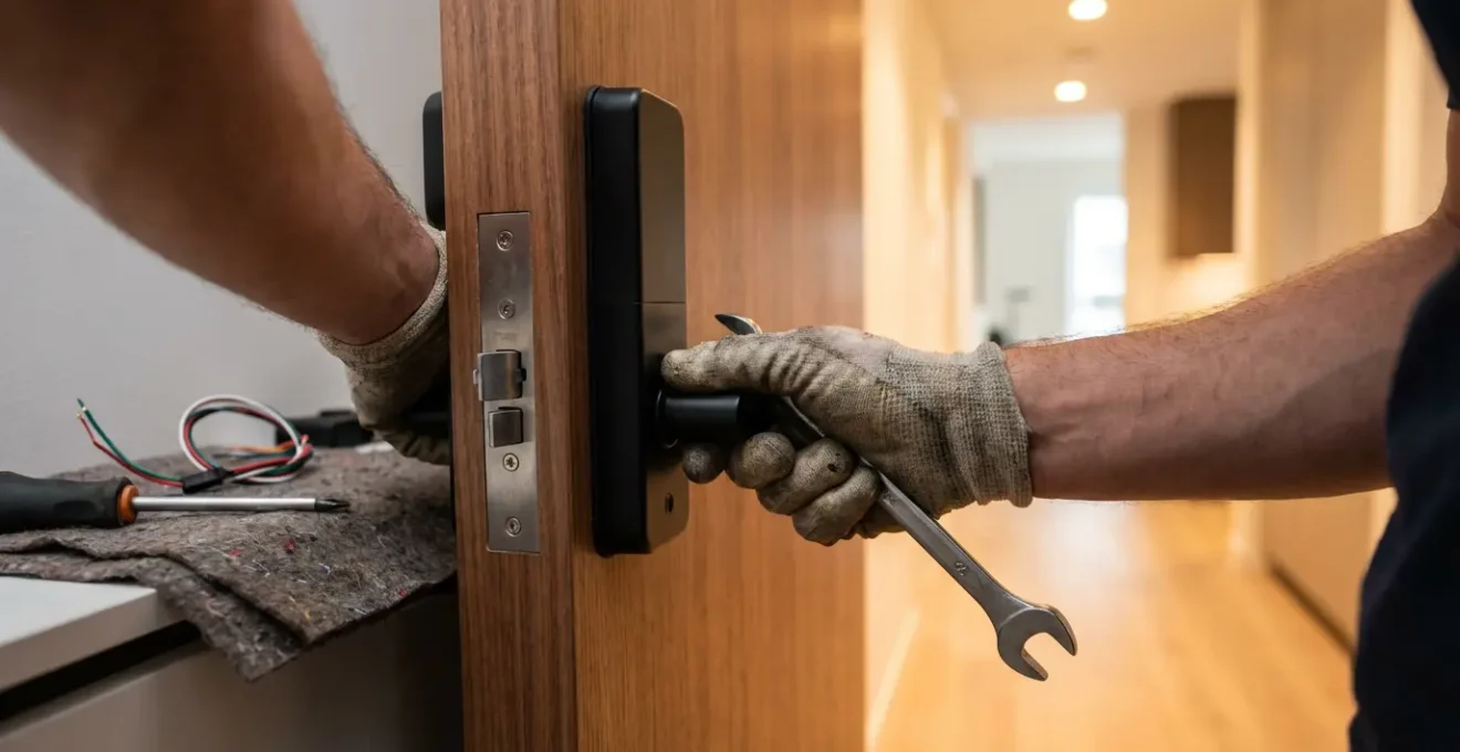 Professional installer mounting a smart lock system on an apartment door