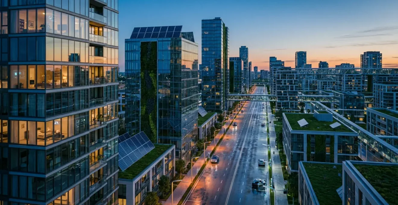 Modern urban skyline at twilight showcasing smart infrastructure integration with illuminated buildings and connected systems