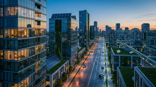 Modern urban skyline at twilight showcasing smart infrastructure integration with illuminated buildings and connected systems