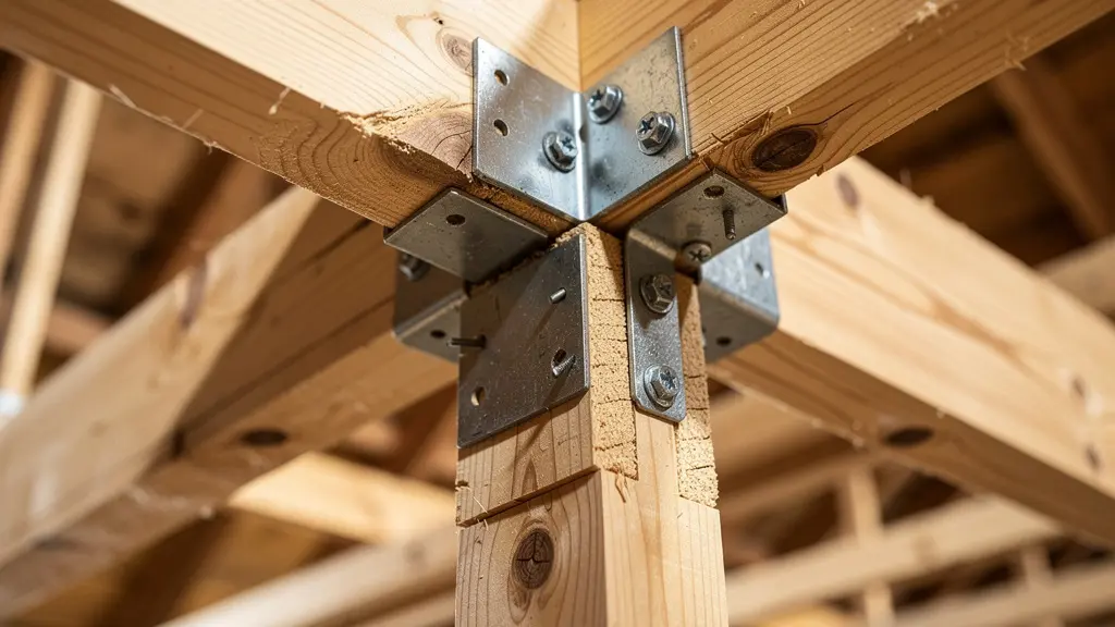 Close-up view of wooden floor joists and staircase framing intersection showing structural integration