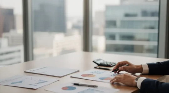 Financial advisor analyzing investment portfolio with tax documents and charts for year-end tax harvesting strategy