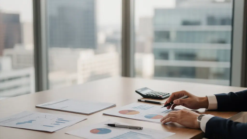 Financial advisor analyzing investment portfolio with tax documents and charts for year-end tax harvesting strategy