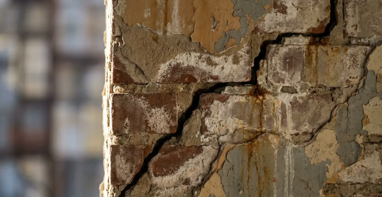 Close-up macro view of different crack patterns in a deteriorating wall showing structural failure indicators