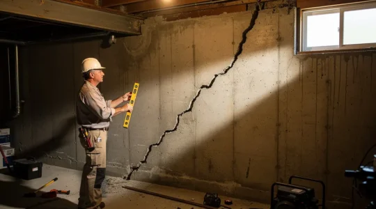 Foundation crack inspection with structural engineer examining old home basement wall