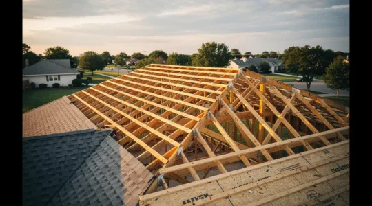 Professional inspection of residential roof structure with visible rafters and support beams