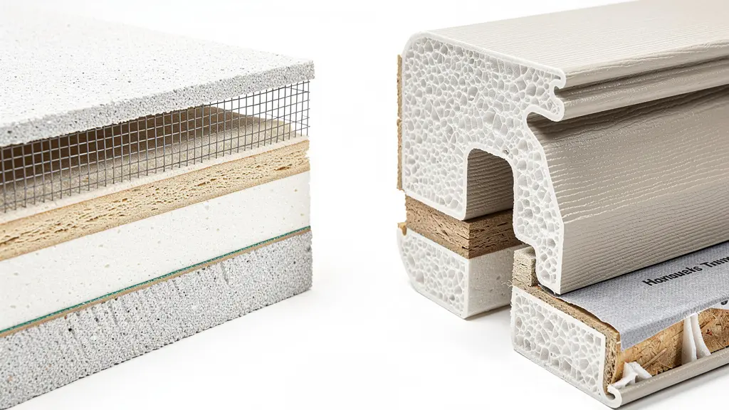 Detailed cross-section comparing stucco system and foam-backed siding air sealing properties