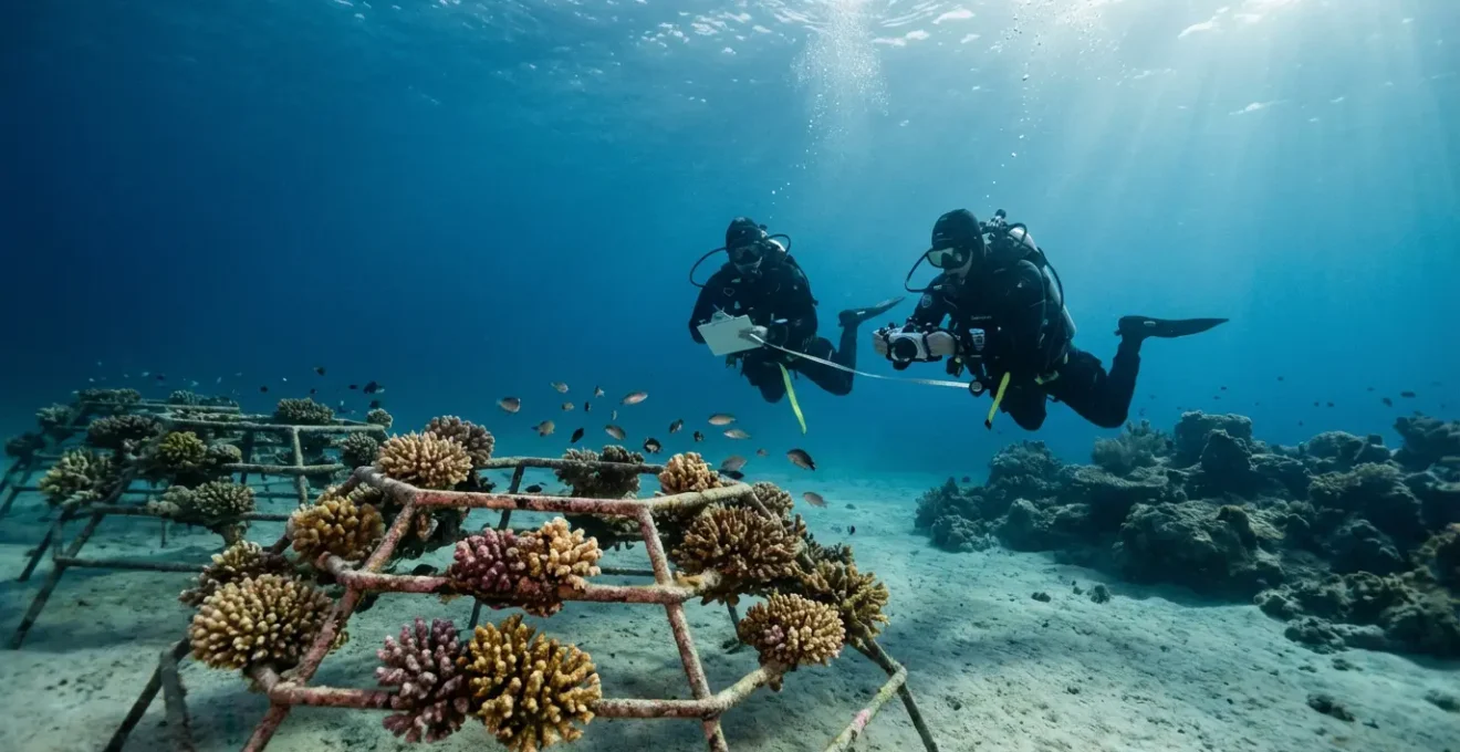 Professional divers measuring coral growth and fish populations on a restored reef structure using scientific equipment underwater