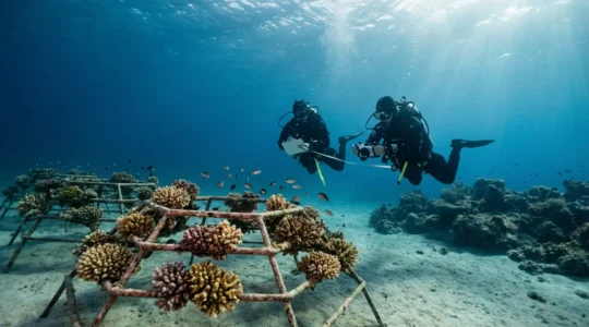 Professional divers measuring coral growth and fish populations on a restored reef structure using scientific equipment underwater