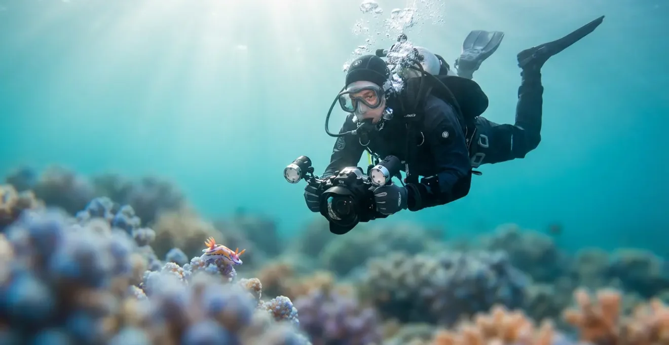 Underwater photographer demonstrating perfect neutral buoyancy while taking macro photograph above coral reef
