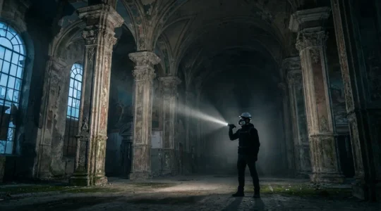 Urban explorer with flashlight carefully examining architectural details inside a decaying heritage building at dusk