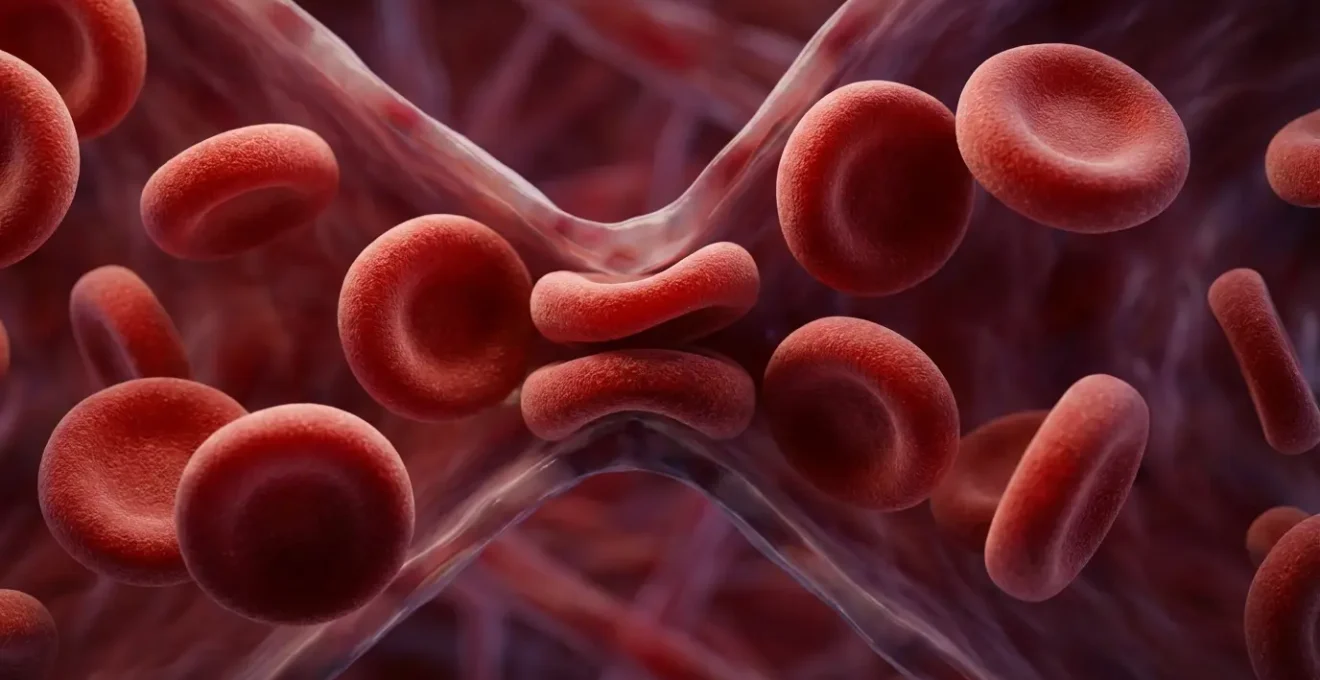 Scientific macro shot of red blood cells flowing through vessels