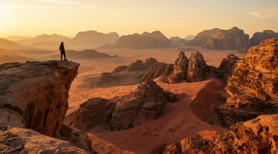 A lone traveler stands on a towering sandstone cliff overlooking the vast Wadi Rum desert at golden hour with dramatic rock formations and empty dunes stretching to the horizon