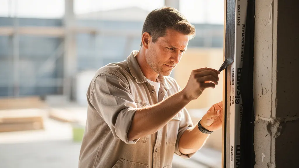 Professional window installer applying flashing tape to integrate window with weather barrier